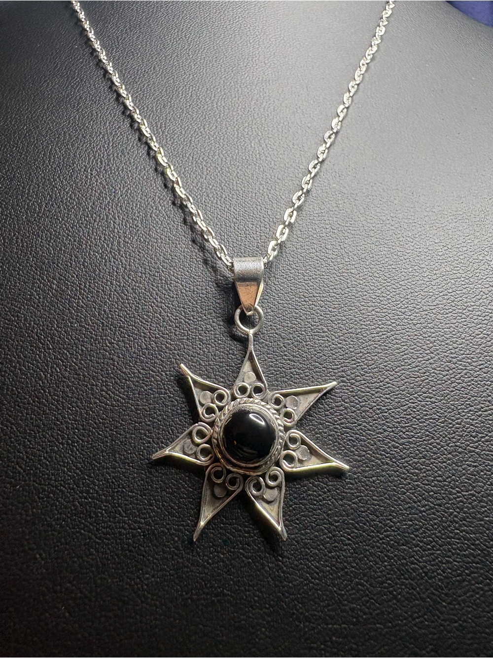 Pendant 925 Sterling Silver Starburst Genuine Black Onyx Center Stone - Picture 5 of 7